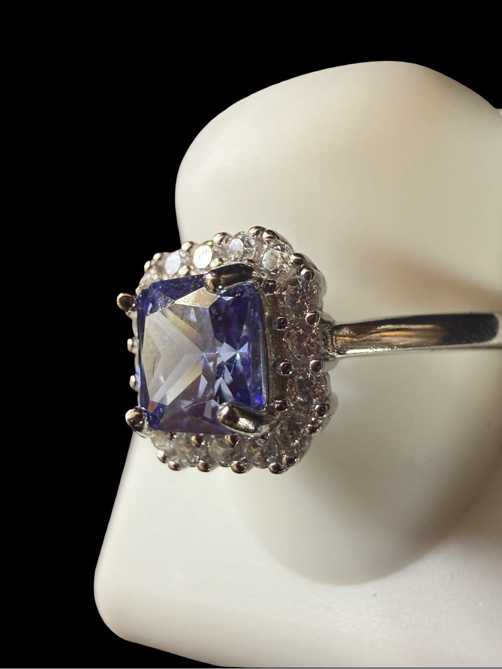 Sterling Silver Halo Ring with Cushion Cut Tanzanite Gem